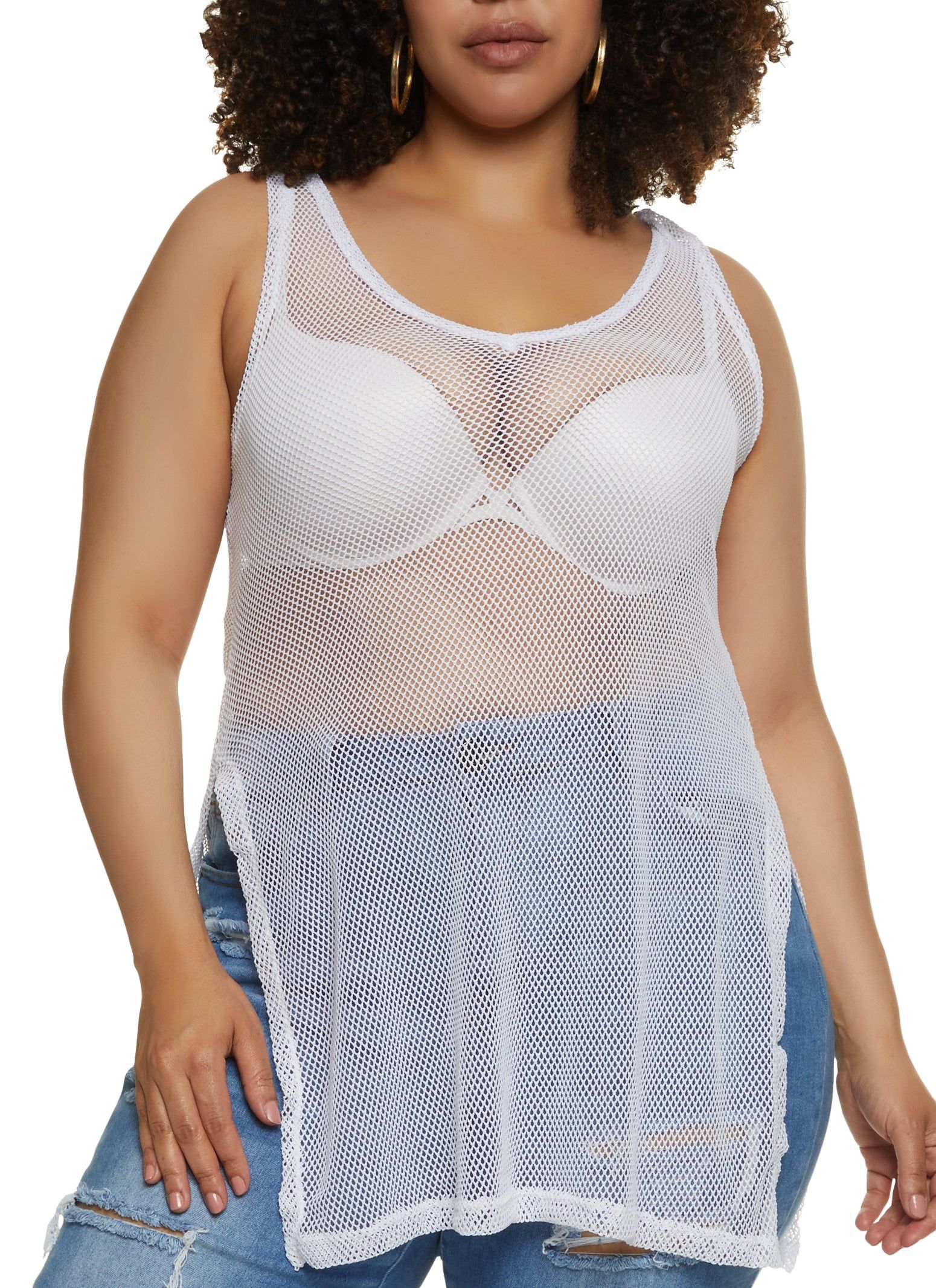 Plus Size Fishnet Side Slit Tank Top sold by Rainbow