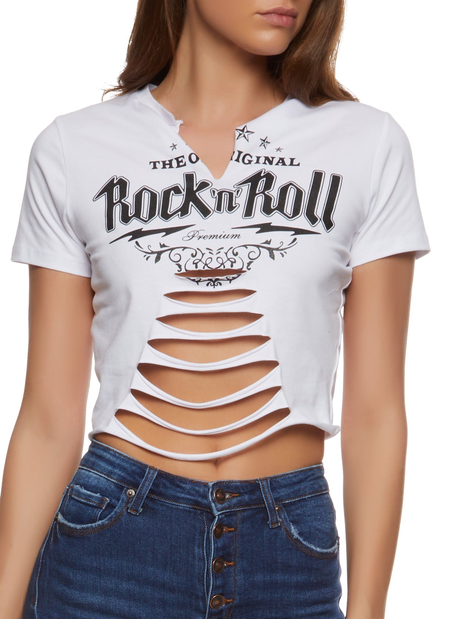 Laser Cut Rock N Roll Graphic Tee sold by Rainbow
