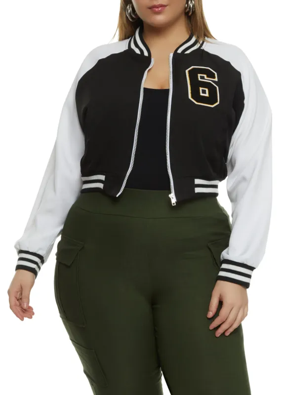 Plus Size Color Block Graphic Patch Cropped Varsity Jacket sold by Rainbow