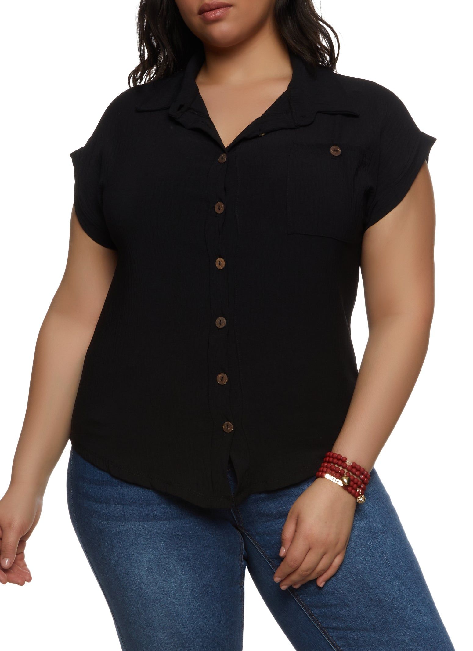 Plus Size Button Front Cap Sleeve Shirt sold by Rainbow