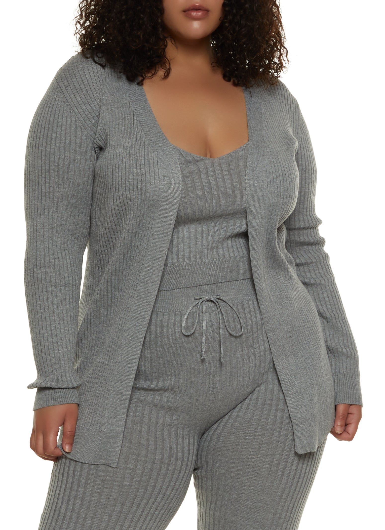 Plus Size Ribbed Open Front Long Sleeve Cardigan sold by Rainbow