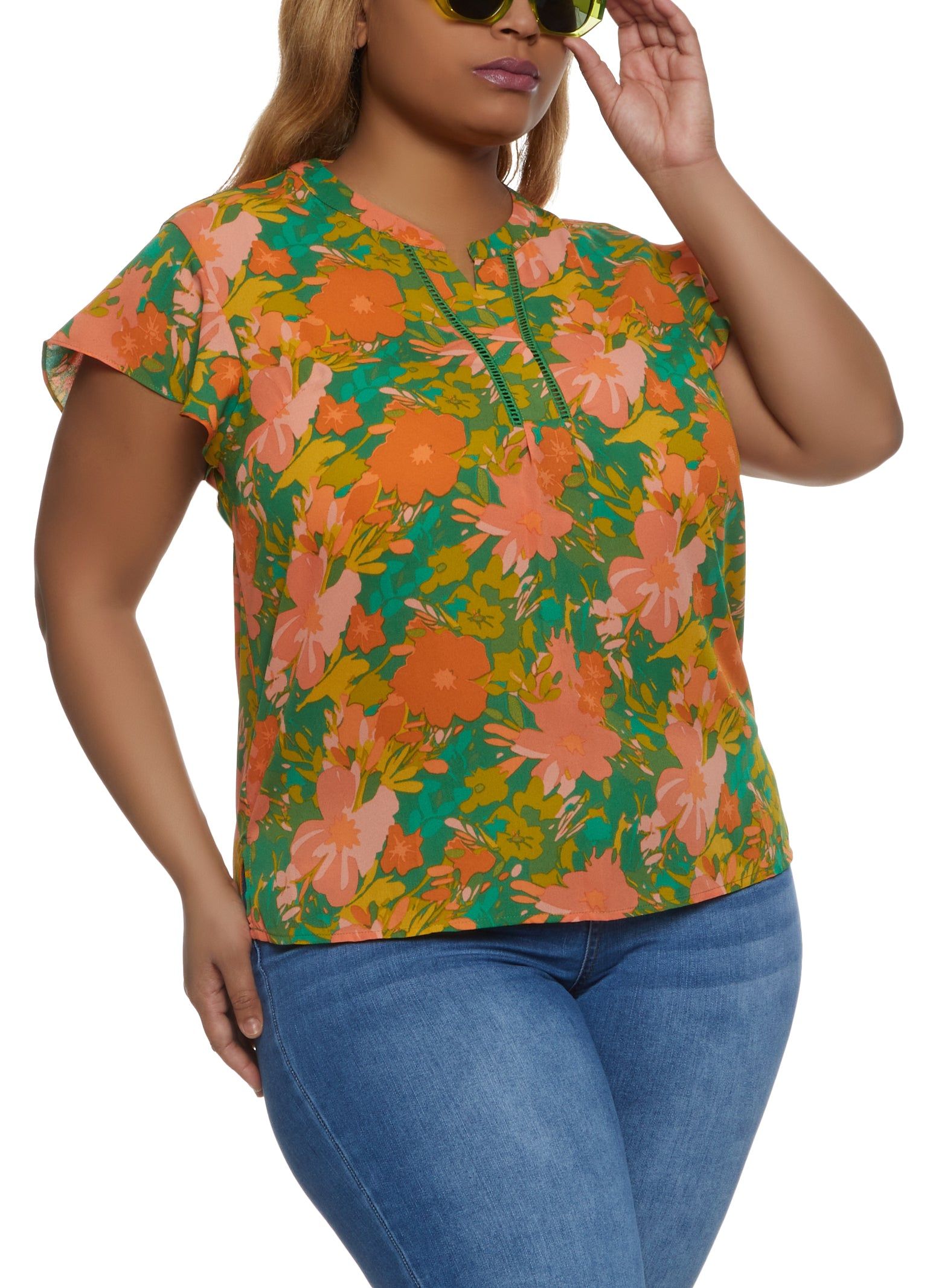 Plus Size Printed Crochet Detail Blouse sold by Rainbow