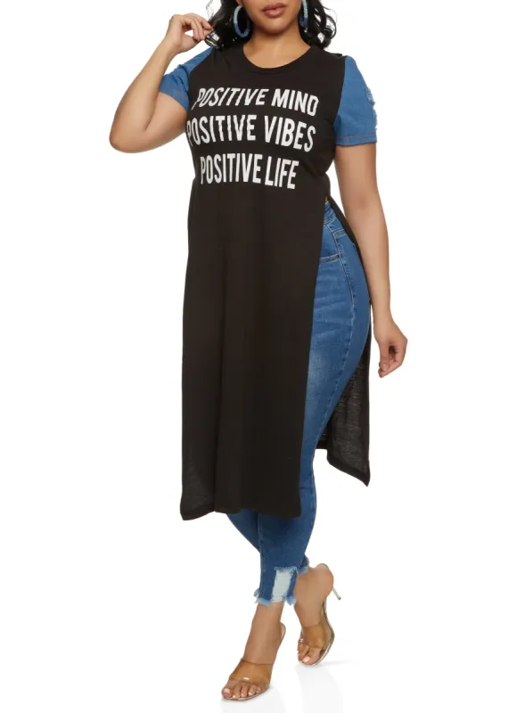Plus Size Denim Sleeve Positive Life Graphic Maxi Tee sold by Rainbow