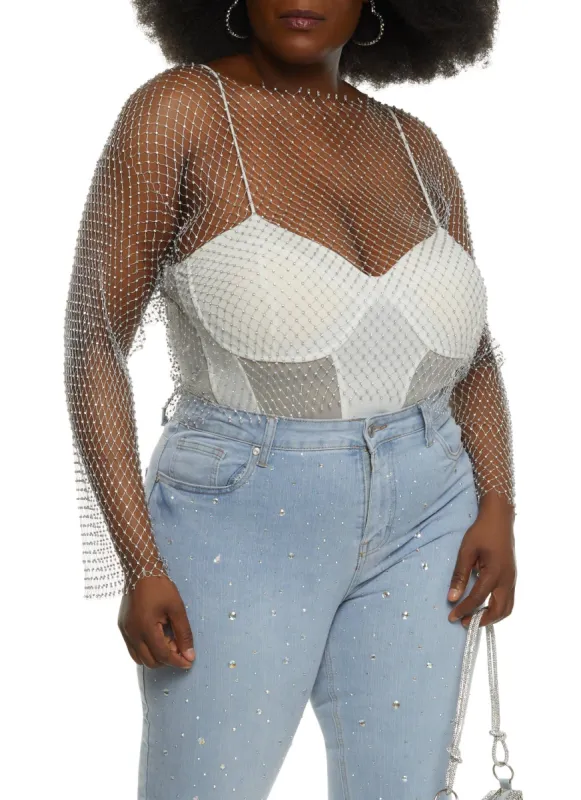 Plus Size Fishnet Rhinestone Studded Long Sleeve Crop Top sold by Rainbow