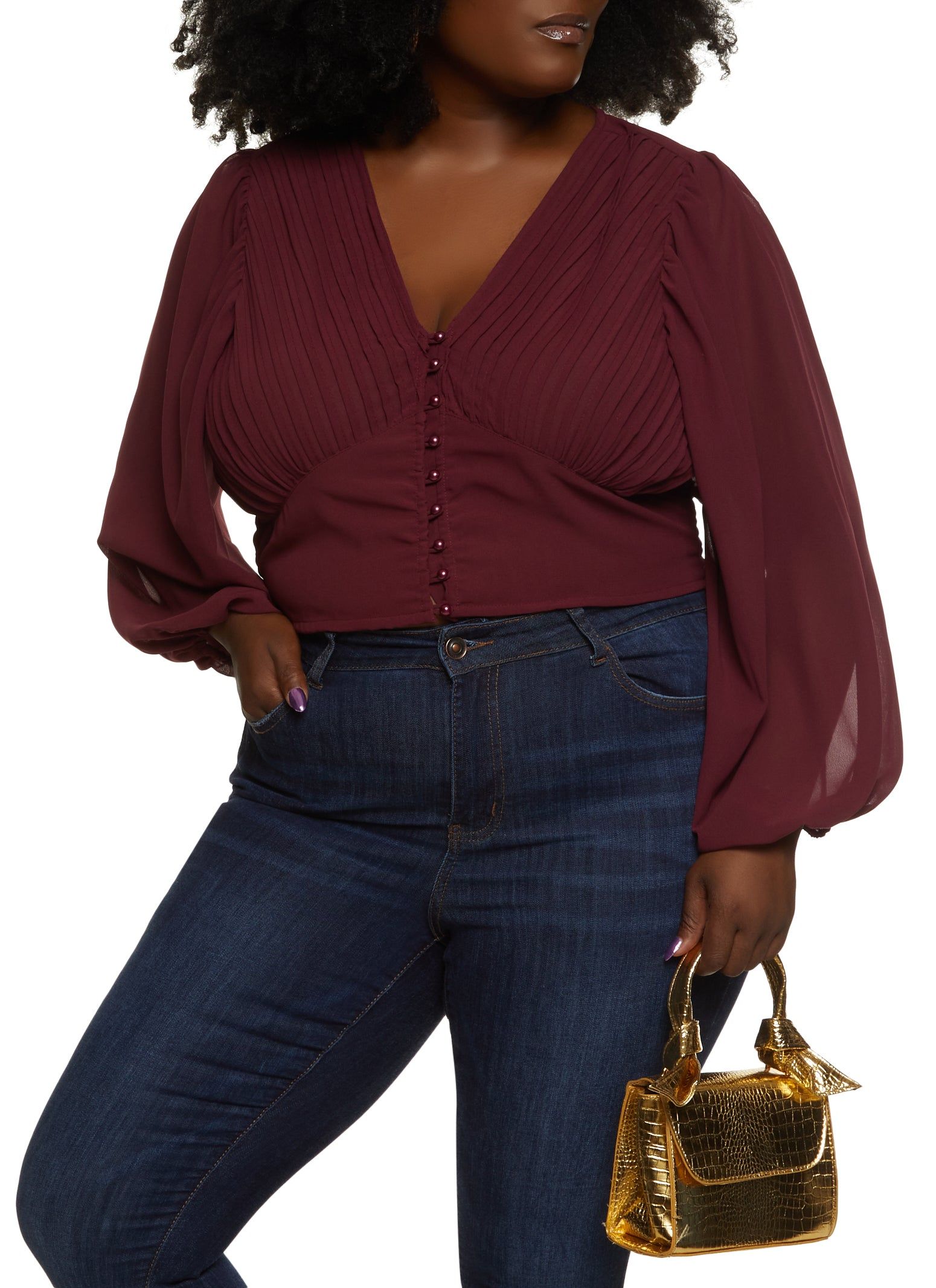 Plus Size Pleated Button Front Blouse sold by Rainbow