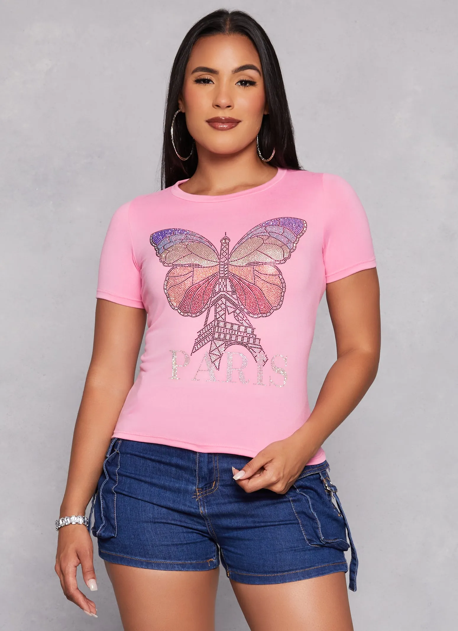 Paris Butterfly Rhinestone Graphic Tee sold by Rainbow
