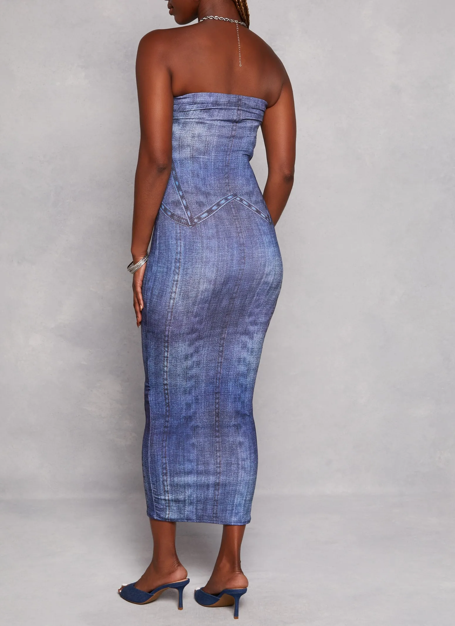 Seamless Denim Print Tube Maxi Dress sold by Rainbow product image thumbnail 3