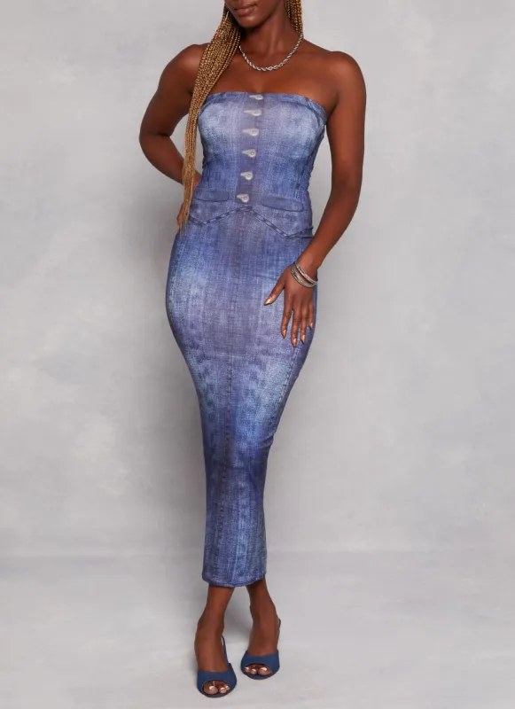 Seamless Denim Print Tube Maxi Dress sold by Rainbow