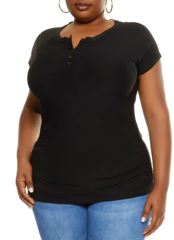 Plus Size Ruched Side Henley Top sold by Rainbow