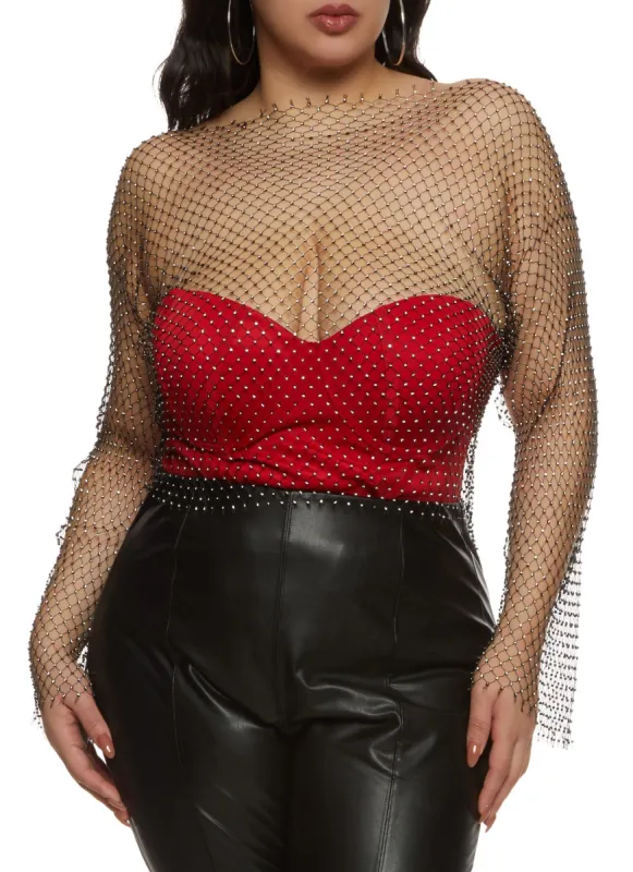 Plus Size Fishnet Rhinestone Studded Long Sleeve Crop Top sold by Rainbow