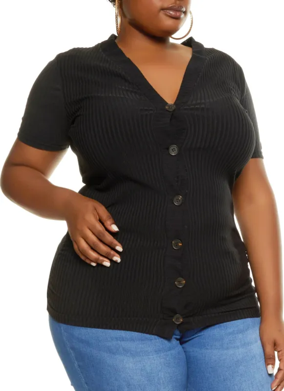 Plus Size Ribbed Knit Short Sleeve Button Down Top sold by Rainbow