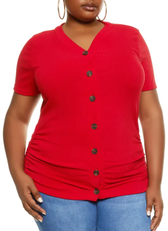 Plus Size Ribbed Knit Short Sleeve Button Down Top sold by Rainbow