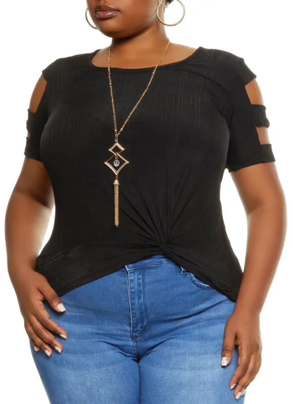 Plus Size Cut Out Sleeve Shadow Stripe Top with Necklace sold by Rainbow
