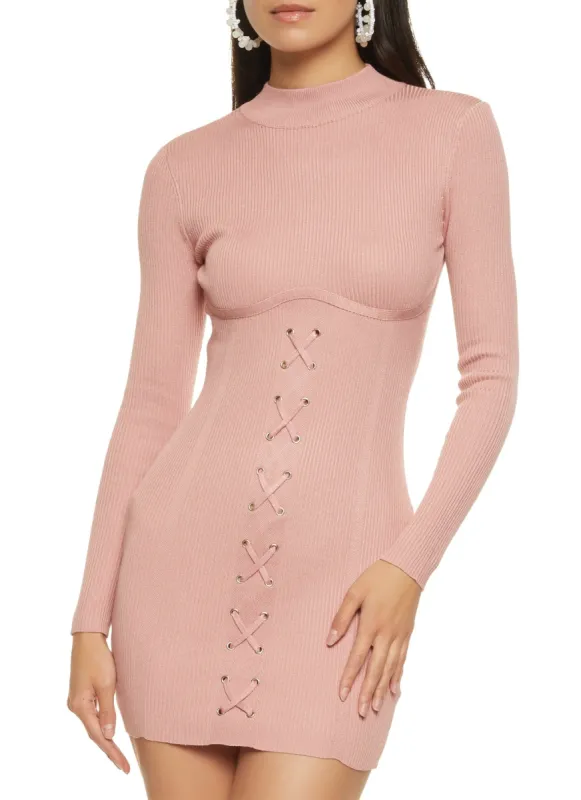 Ribbed Lace Up Detail Mock Neck Mini Dress sold by Rainbow