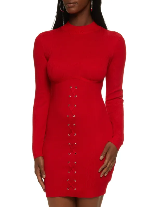 Ribbed Lace Up Detail Mock Neck Mini Dress sold by Rainbow