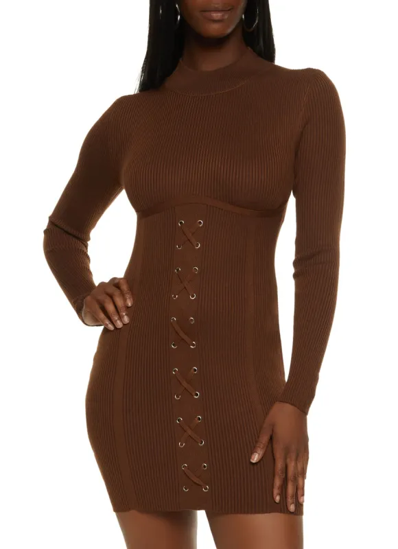 Ribbed Lace Up Detail Mock Neck Mini Dress sold by Rainbow