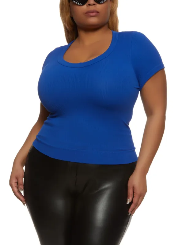Plus Size Rib Knit Short Sleeve Seamless Tee sold by Rainbow