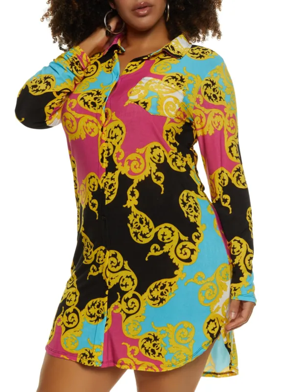 Plus Size Status Print Button Front Shirt Dress sold by Rainbow