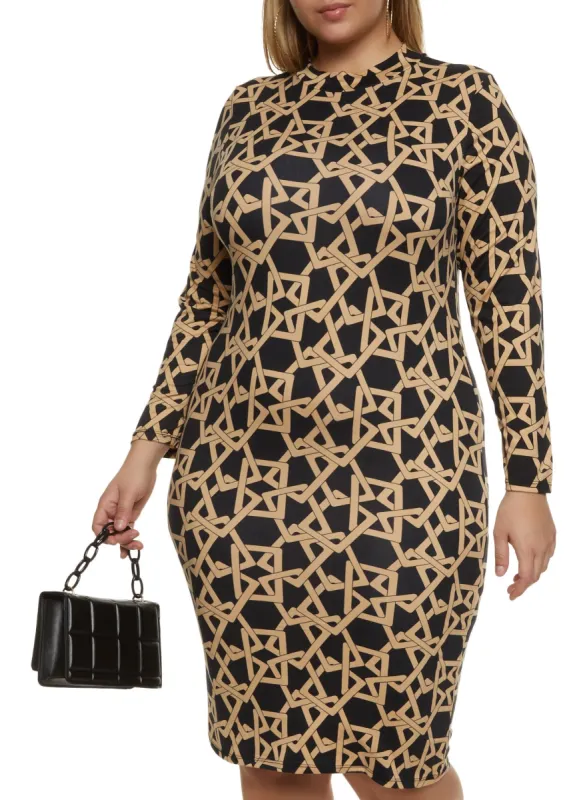 Plus Size Printed Long Sleeve Mock Neck Dress sold by Rainbow