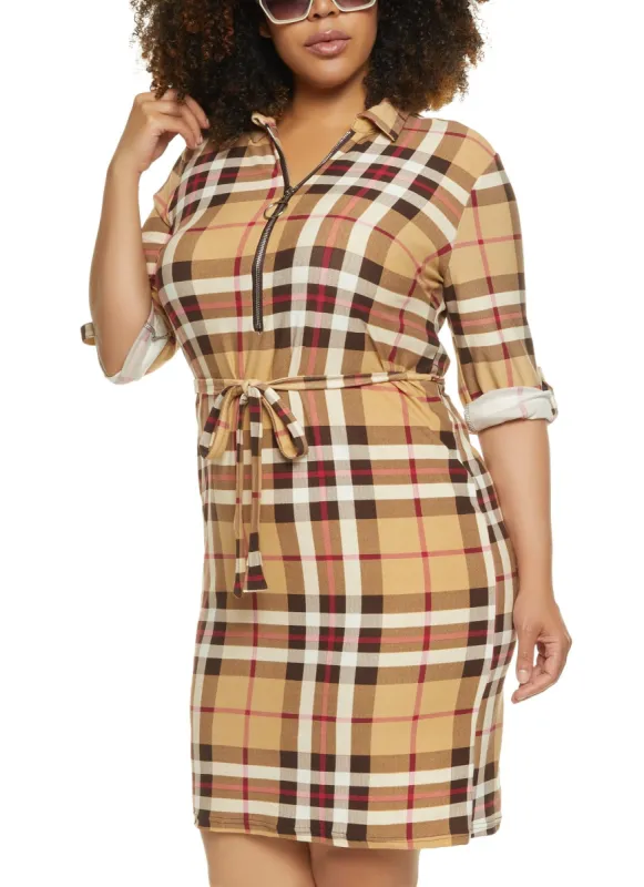 Plus Size Plaid Half Zip Shirt Dress sold by Rainbow
