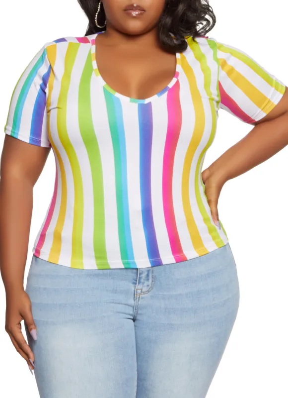 Plus Size Rainbow Striped V Neck Tee sold by Rainbow