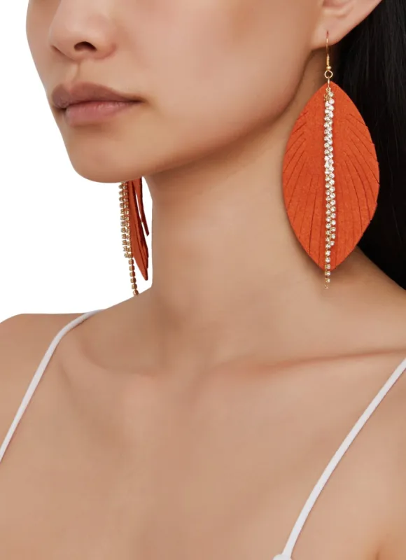 Leaf Rhinestone Fringe Detail Drop Earrings sold by Rainbow
