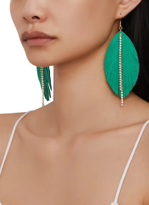 Leaf Rhinestone Fringe Detail Drop Earrings sold by Rainbow
