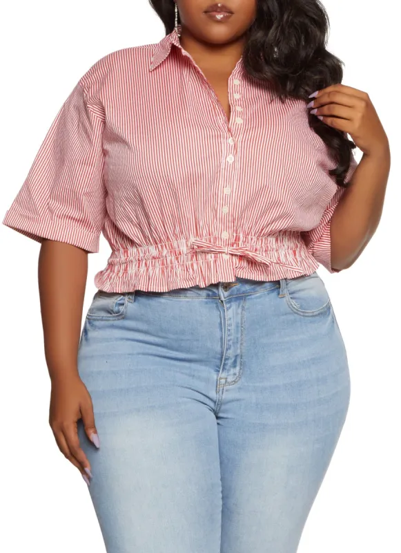 Plus Size Striped Drawstring Hem Button Down Shirt sold by Rainbow
