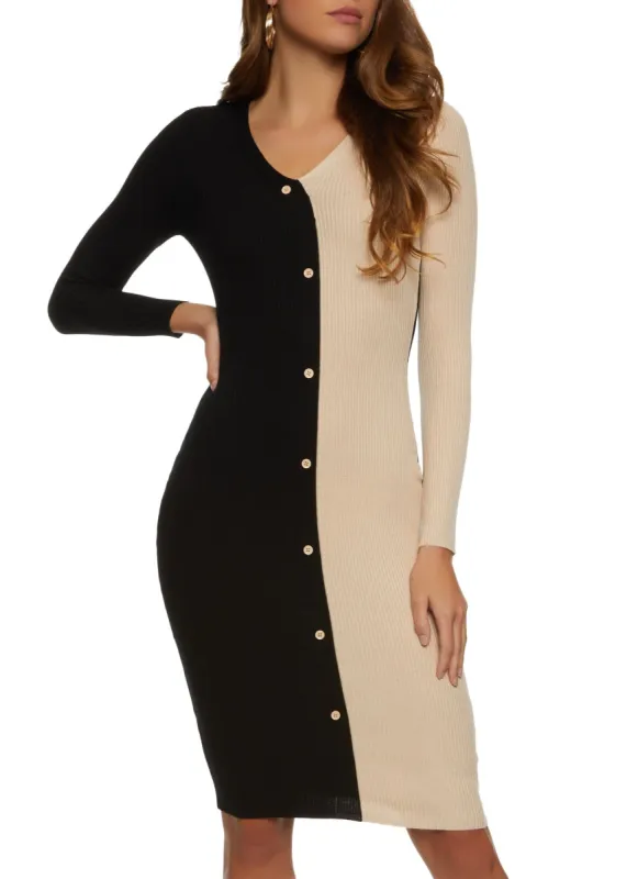 Color Blocked Faux Button Down Sweater Dress made by Rainbow