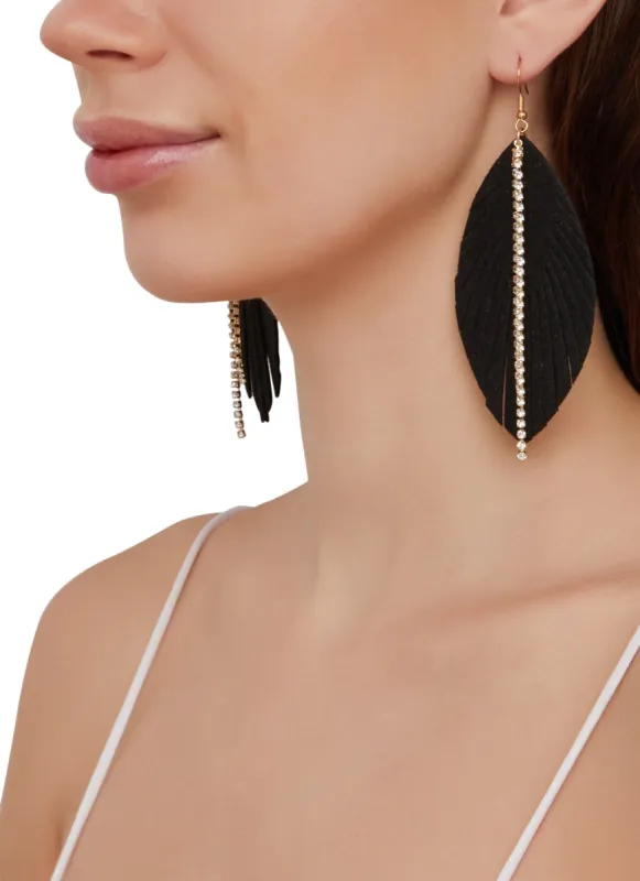 Leaf Rhinestone Fringe Detail Drop Earrings sold by Rainbow