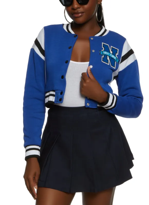 New York Patch Cropped Varsity Jacket sold by Rainbow