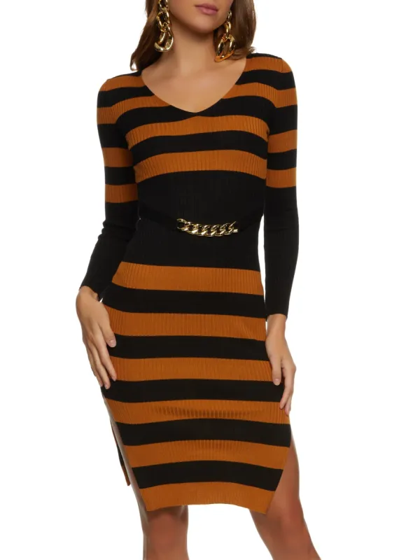 Striped Chain Detail Sweater Dress sold by Rainbow