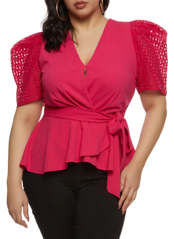 Plus Size Puff Sleeve Tie Waist Peplum Top sold by Rainbow