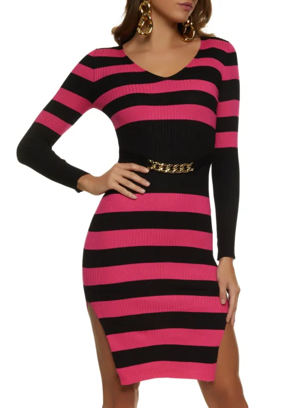 Striped Chain Detail Sweater Dress sold by Rainbow