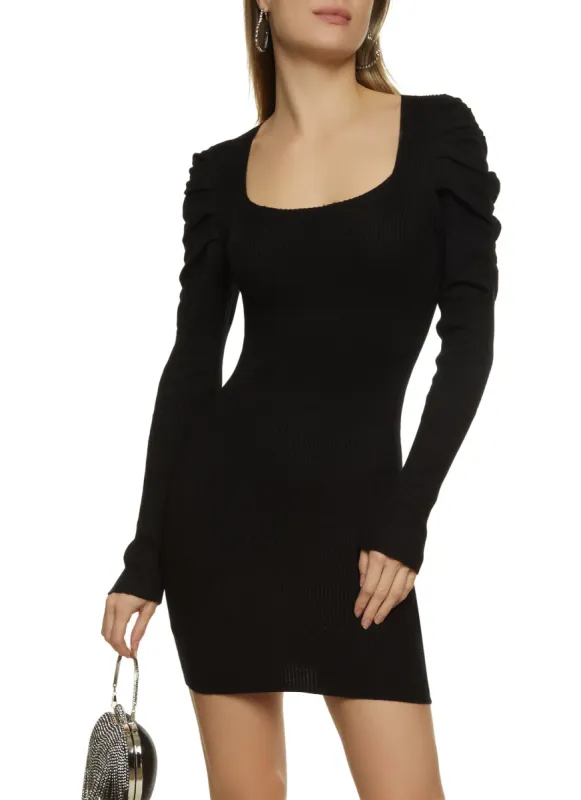 Rib Knit Puff Sleeve Sweater Dress sold by Rainbow