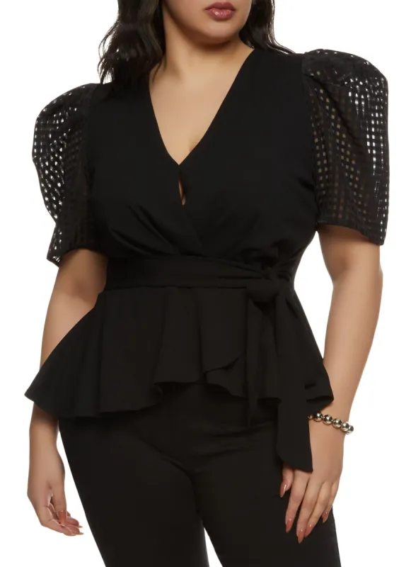 Plus Size Puff Sleeve Tie Waist Peplum Top sold by Rainbow