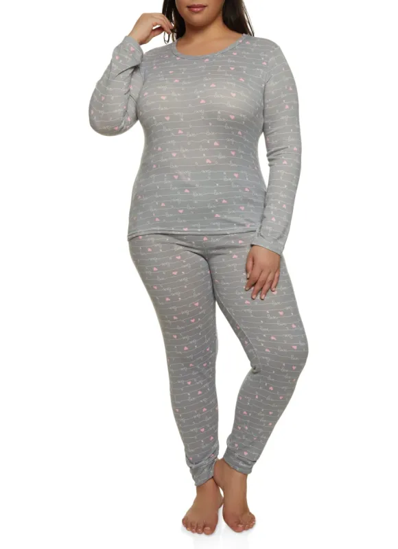 Plus Size Love Heartbeat Print Pajama Top and Pants Set sold by Rainbow