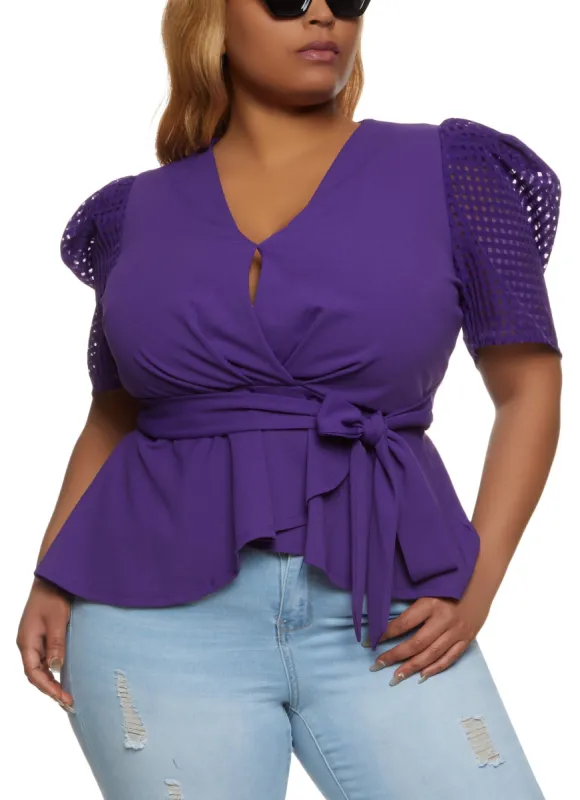 Plus Size Tie Waist Puff Sleeve Peplum Top sold by Rainbow