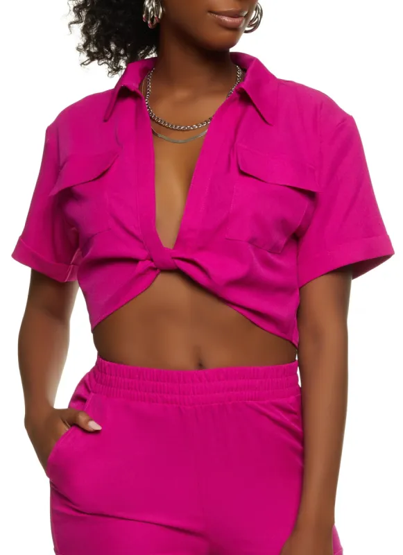 Crepe Knit Twist Front Pocket Shirt sold by Rainbow