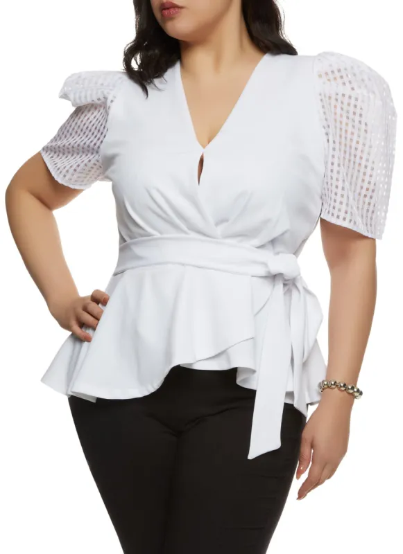Plus Size Puff Sleeve Tie Waist Peplum Top sold by Rainbow