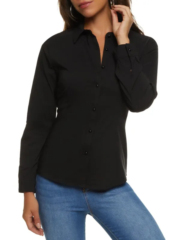 Long Sleeve Faux Pearl Button Front Shirt sold by Rainbow