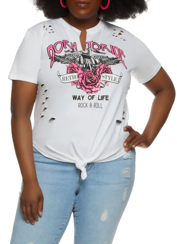 Plus Size Born To Ride Knot Front Graphic Tee sold by Rainbow