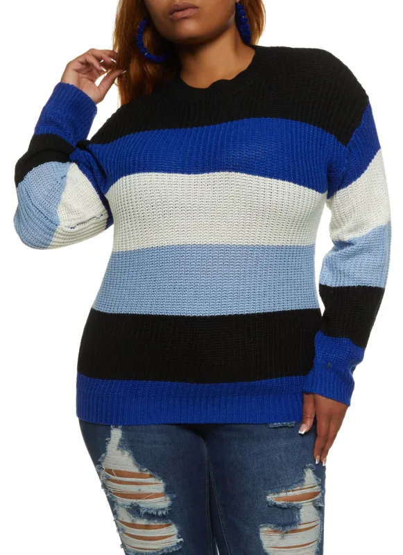 Plus Size Color Blocked Striped Pullover Sweater sold by Rainbow