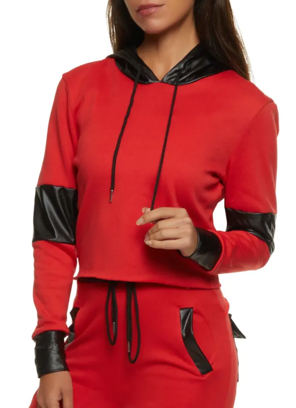 Color Block Faux Leather Detail Hoodie sold by Rainbow