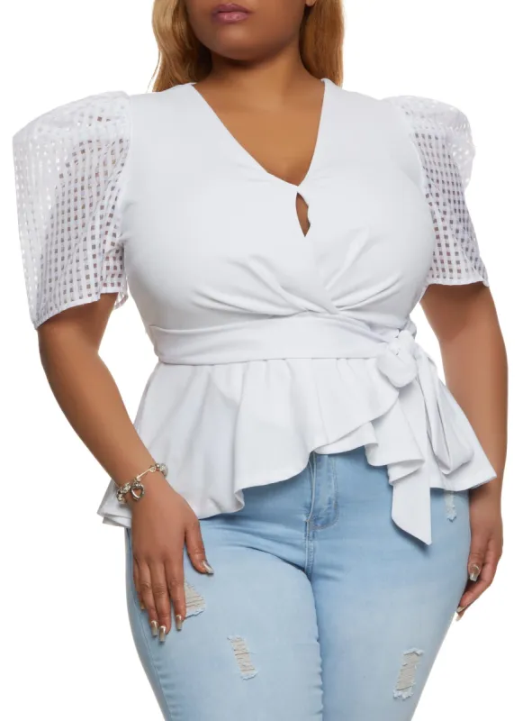 Plus Size Tie Waist Puff Sleeve Peplum Top sold by Rainbow