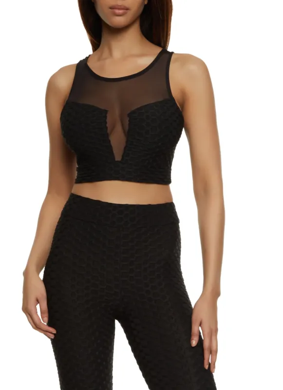 Mesh Insert Textured Knit Active Crop Top sold by Rainbow