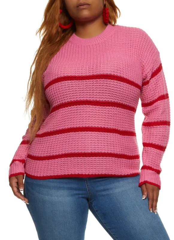 Plus Size Crew Neck Striped Pullover Sweater sold by Rainbow