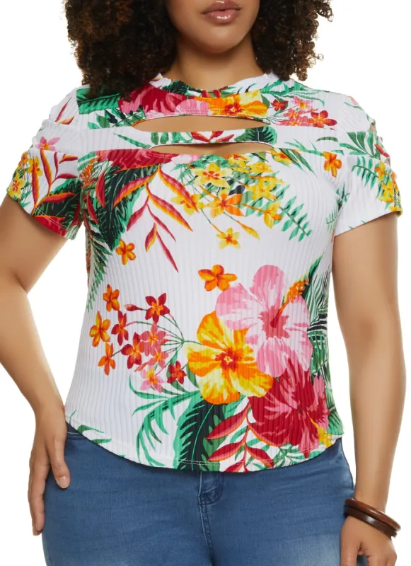 Plus Size Floral Double Keyhole Crew Neck Top sold by Rainbow