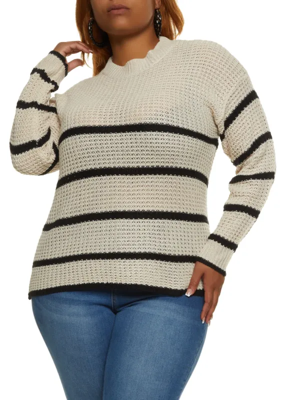 Plus Size Crew Neck Striped Pullover Sweater sold by Rainbow