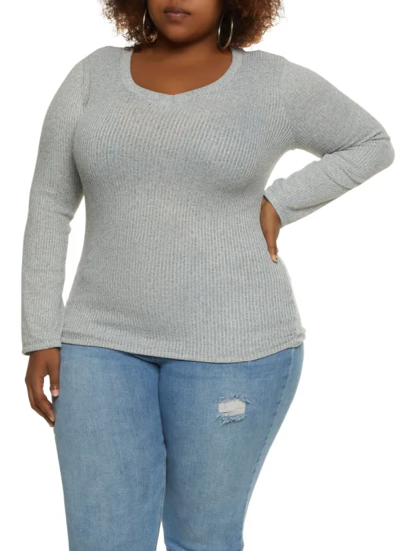 Plus Size Solid Ribbed Knit Long Sleeve Top sold by Rainbow